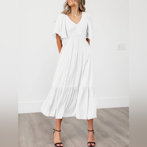 Lillusory Flowy White Smocked Midi Dress - Picture 2 of 11